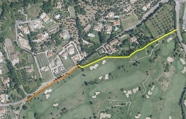Citec-voie-verte-opio-golf-etude-mobilite Plan de situation du projet de voie verte du Golf d’Opio, section Ouest (orange) et section Est (jaune). Crédits : IGN/Citec