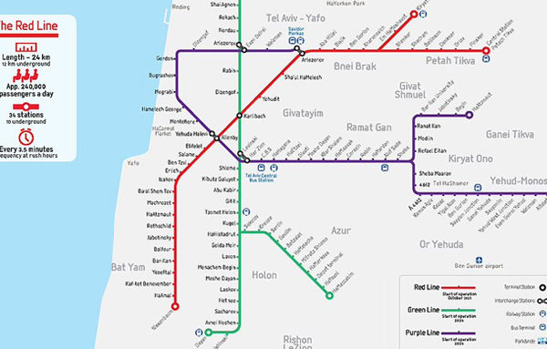 Citec-Tel-Aviv-regulation-tram-red-line-ligne-rouge-light-rail-metro-leger-slt-trafic Light Rail Lines Tel Aviv Metropolitean Area. Crédits : NTA