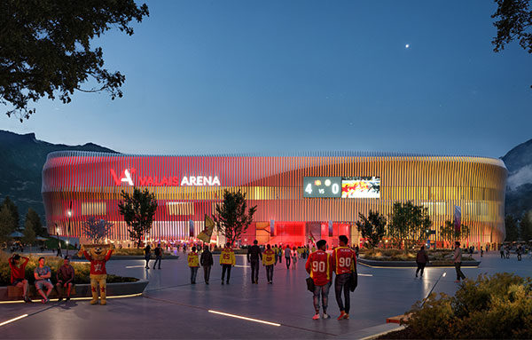 Citec-Valais-Arena-ecoquartier-VIVA-Condemines-mobilite-accessibilite-concept-etude-patinoire La future Valais Arena, vue de nuit. Crédits : CCHE Lausanne
