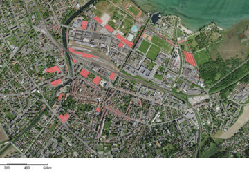 Parkings concernés par la gestion dynamique du stationnement, Yverdon-les-Bains. Crédit : géoportail mapnv.ch